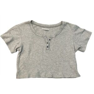 Abercrombie and Fitch Grey Waffle Knit Button Henley Cropped Cozy T-Shirt Size S